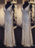 Sheath V Neck Floor Length Satin Prom Dress With Rhinestones LBQ3523